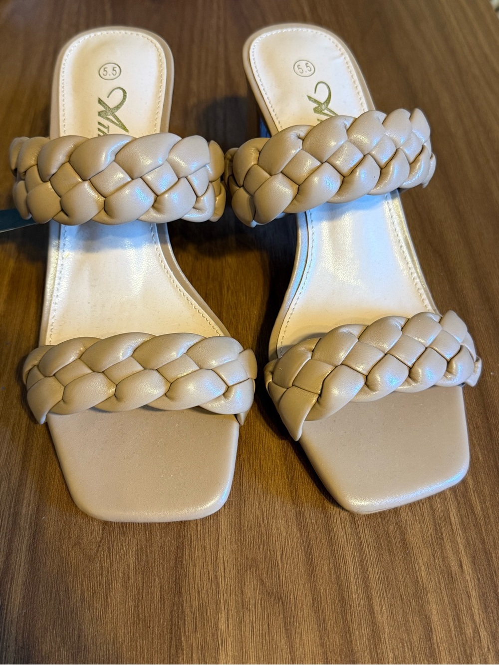 Braided Double-Strap Slide Heels in Beige